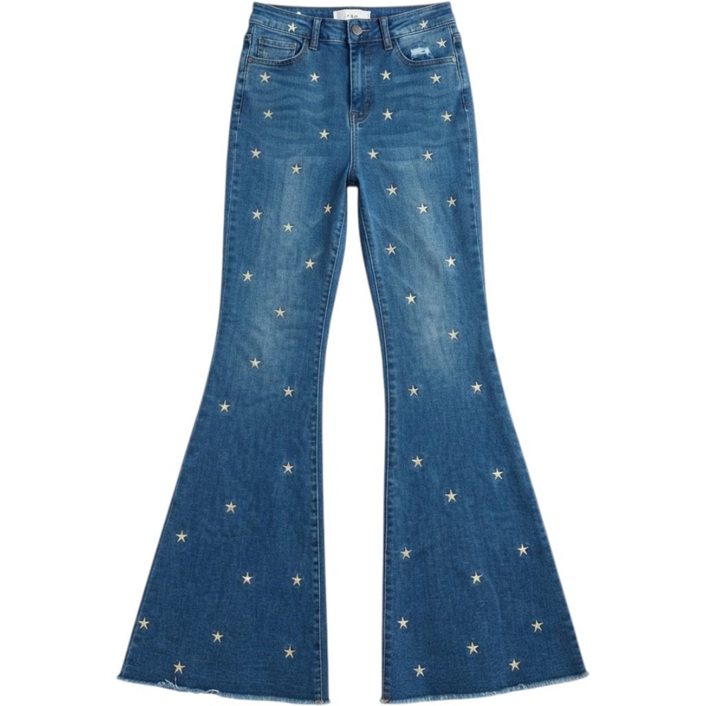 Judy Blue Star Embroidered Super Flare Jeans Medium Wash Denim 11/30 Bell Bottom